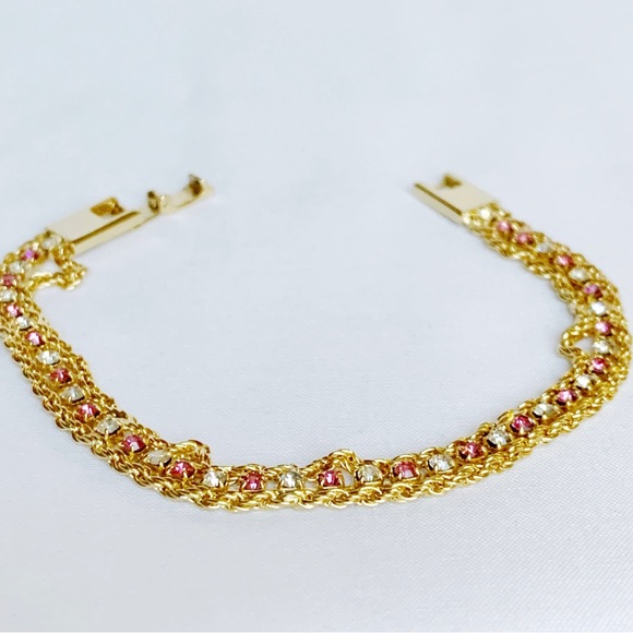 FANCY Pink Crystal and White Zirconias 10K Yellow Gold Plated Tennis Bracelet - Picture 5 of 9